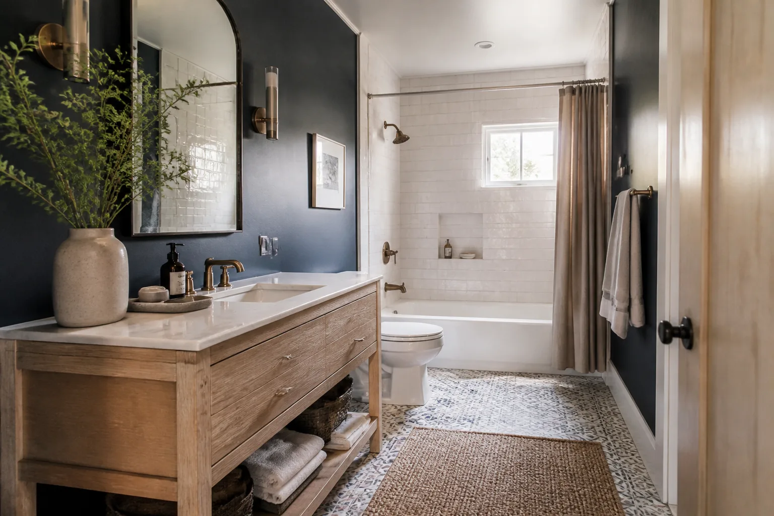 A remodeled hall bathroom with patterned floor tile and painted walls