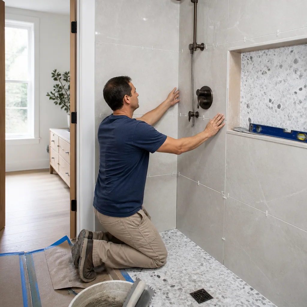 A tile setter installing wall tile in a shower