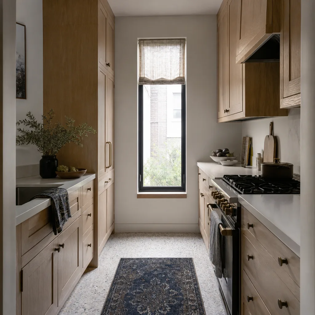 A small remodeled galley kitchen with cabinets to the ceiling