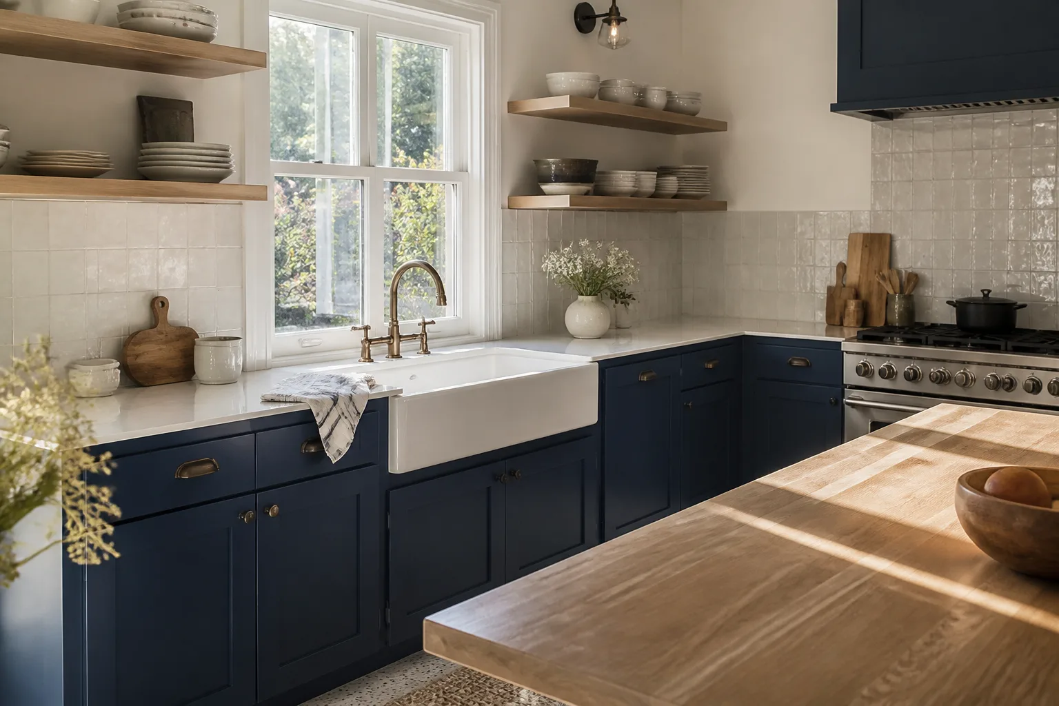 A remodeled kitchen with painted cabinets and a farmhouse sink
