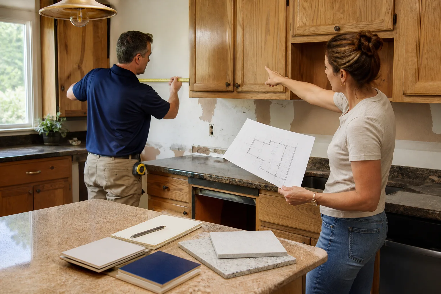 A project lead measuring a kitchen with the homeowner during a free estimate