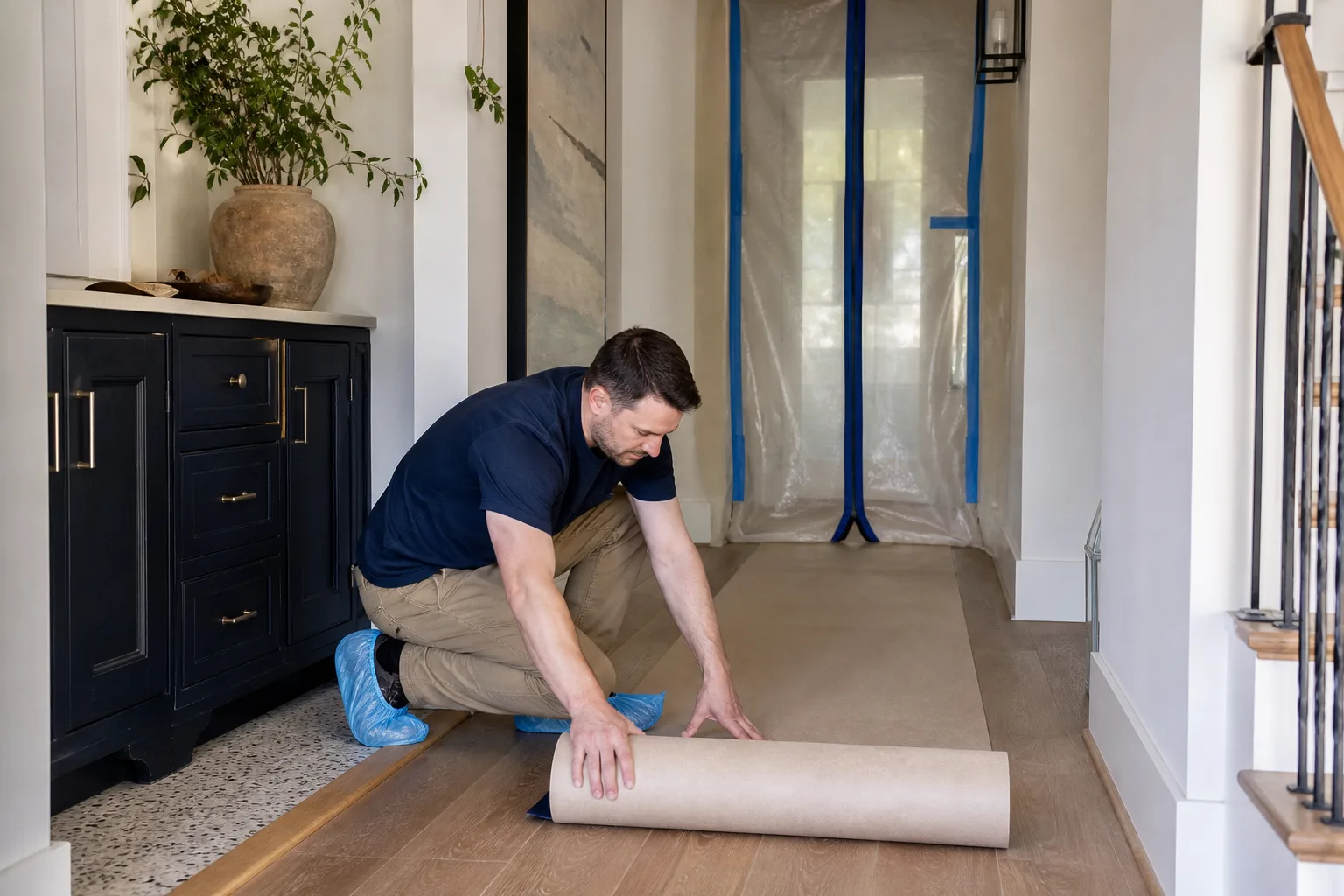 A worker laying floor protection and a dust barrier before work starts